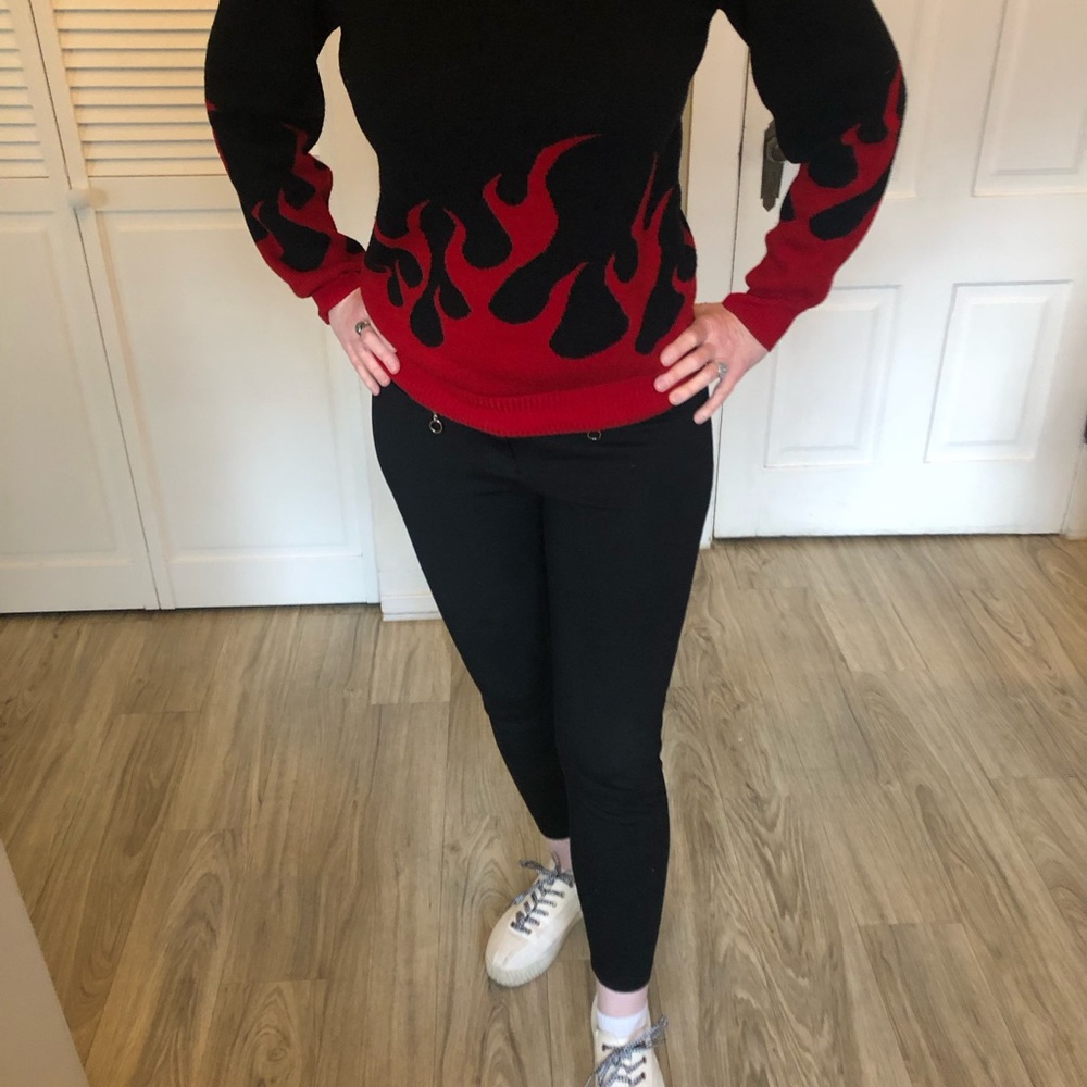 Hot Topic Black and Red Crew Neck Sweater with Flame Design